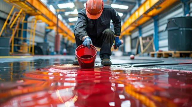 Expert applying red metallic epoxy on industrial floor in London