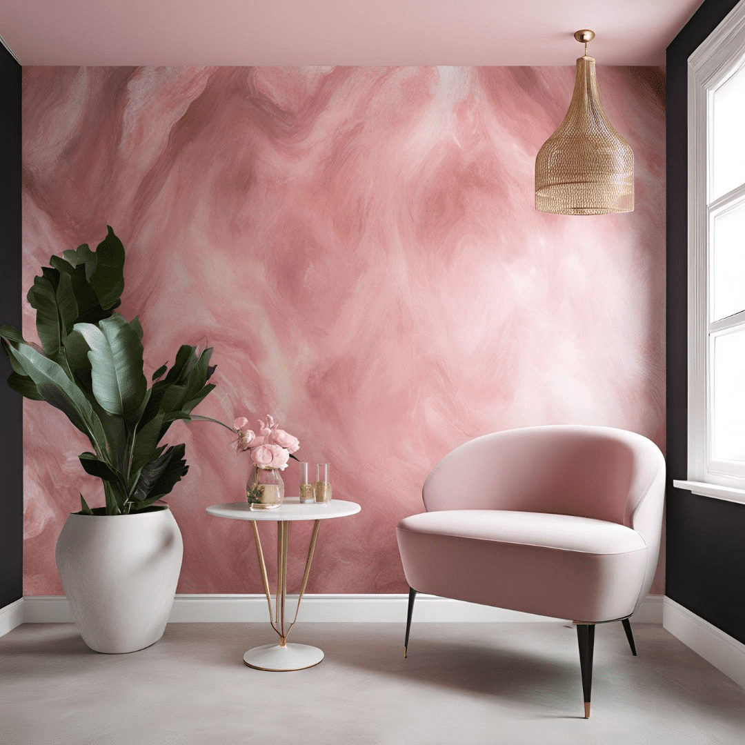 Elegant pink interior with a marbled epoxy wall finish,